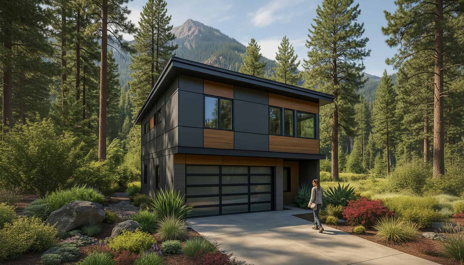 Contemporary Zip Kit home with sleek design in a forested mountain area.