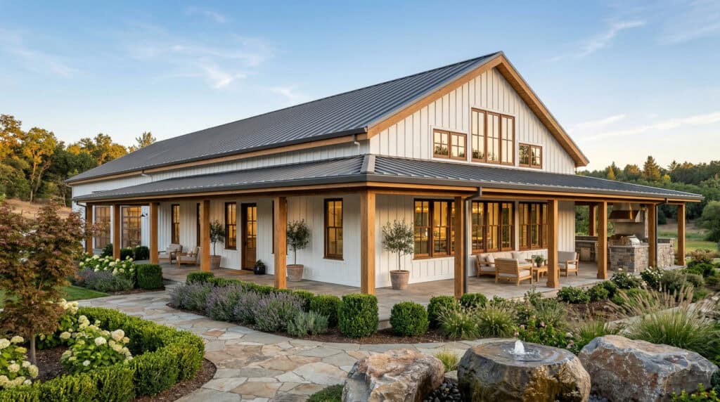 White Farmhouse Barndominium by Zip Kit Homes.