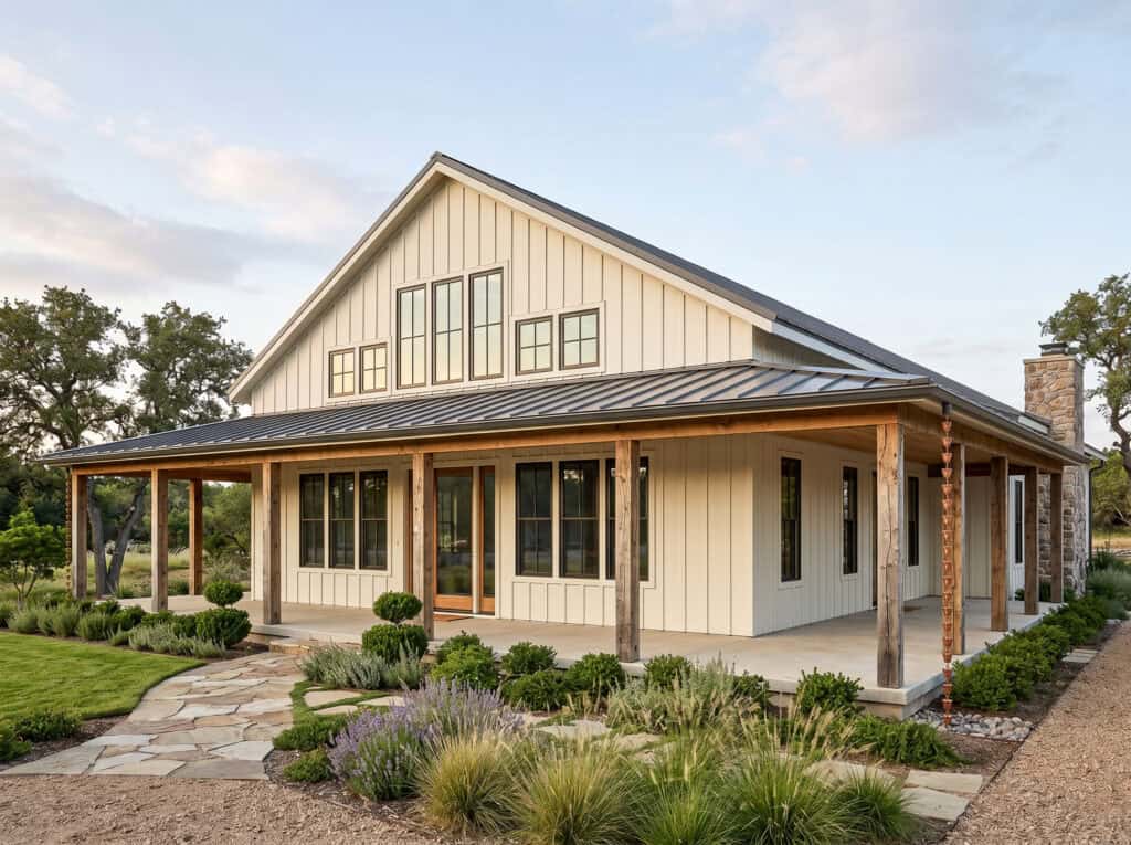 Modern prefab home with a spacious porch and landscaped garden.