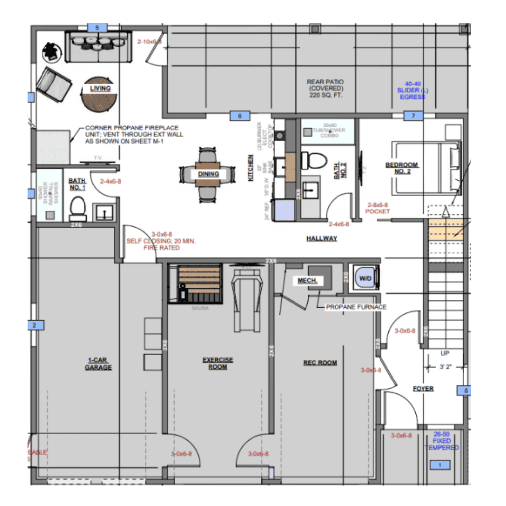 Alternate Bozeman lower level floor plan with open living area, dining space, and propane fireplace