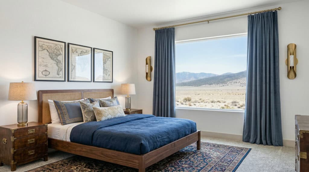 Oakley bedroom with modern bed, neutral decor, and natural light