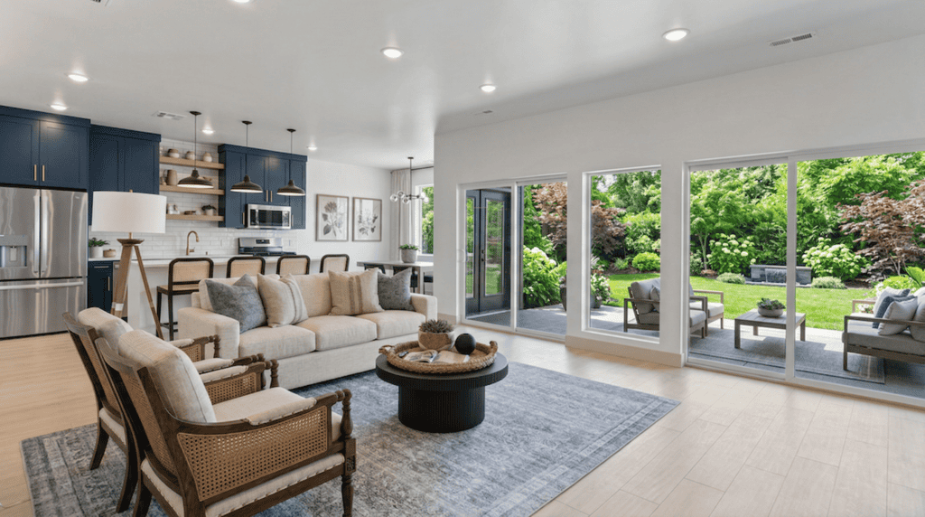 Oakley living room with large windows, modern seating, and open layout