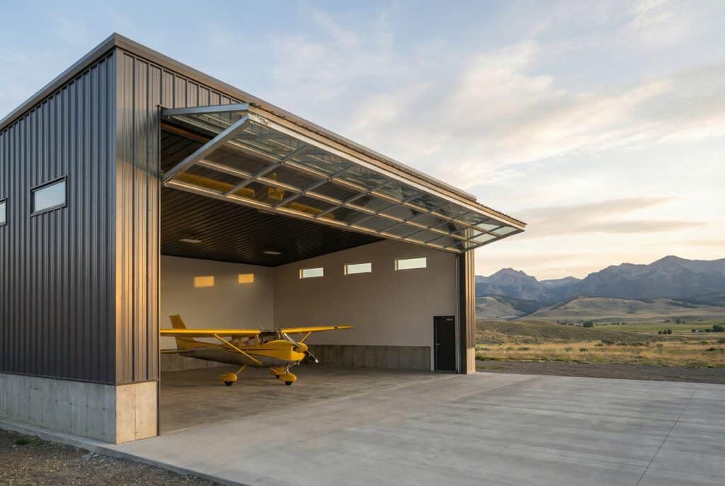 Modern aircraft hangar with open door and small plane inside, scenic mountain background.