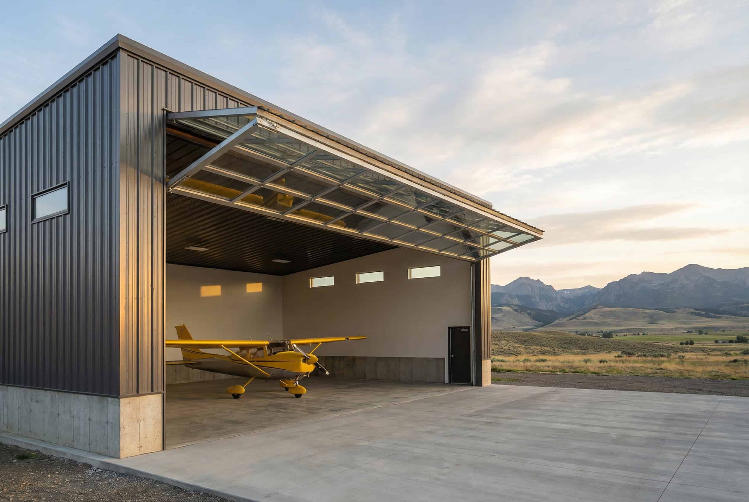 Modern aircraft hangar with open door and small plane inside, scenic mountain background.