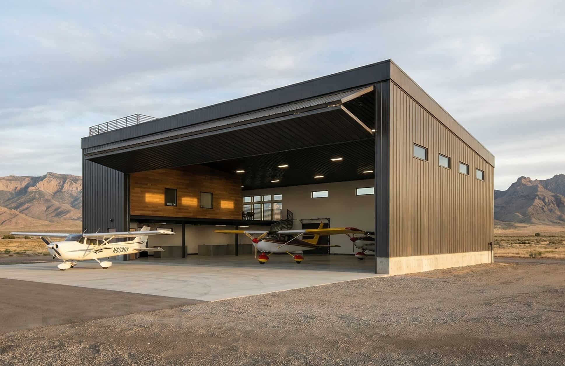 Aircraft hangar with Zip Kit Homes, showcasing durable prefab building for aviation storage and main.