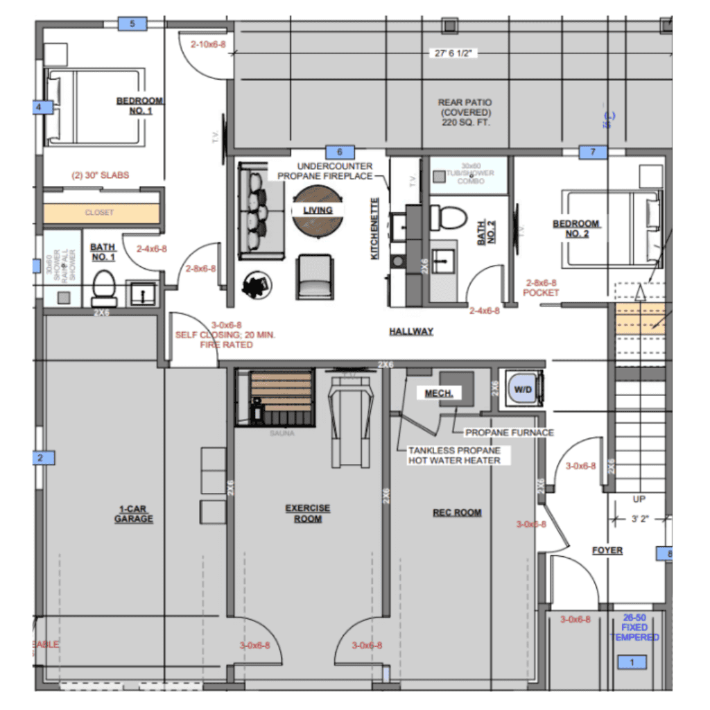 Customized Bozeman floor plan lower level with garage, bedrooms, rec room, and exercise space