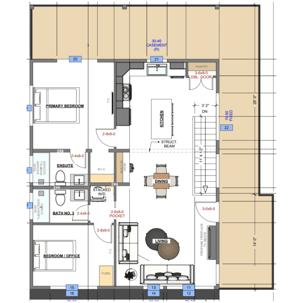 Customized Bozeman main level floor plan with kitchen, dining, living area, primary suite, and deck