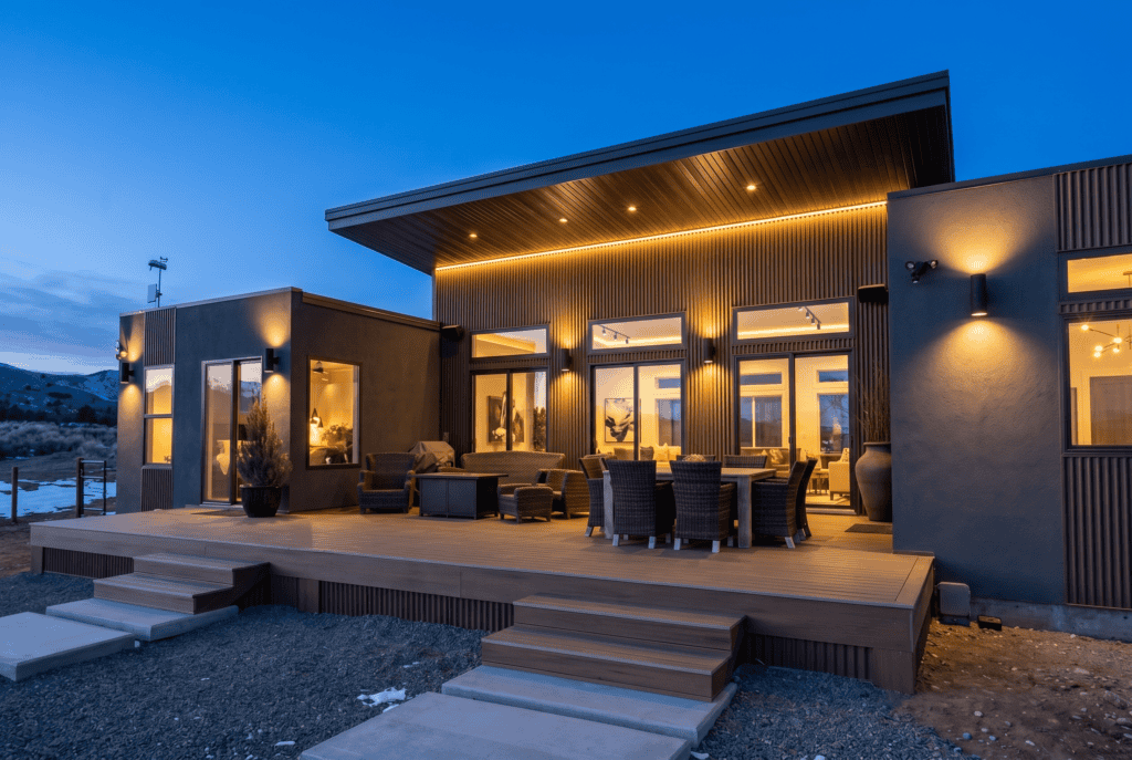 Modern prefab tiny home with spacious outdoor deck and stylish lighting built using the Alpine Floor Plan