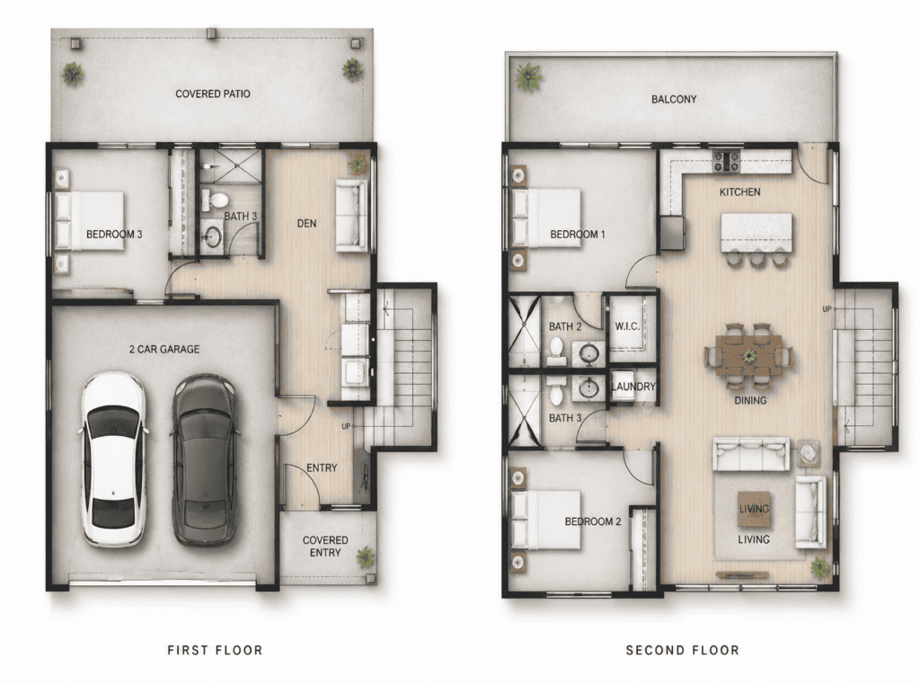 Modern two-story tiny home floor plan with garage, bedrooms, and outdoor spaces.