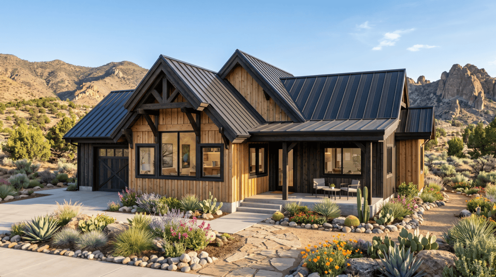 Zip Kit Home with rustic wood exterior and mountain backdrop.