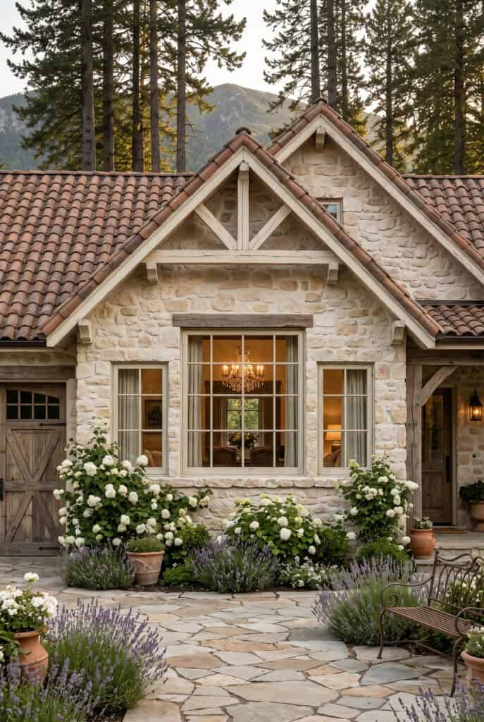 Beautiful stone cottage with a landscaped garden and mountain backdrop.