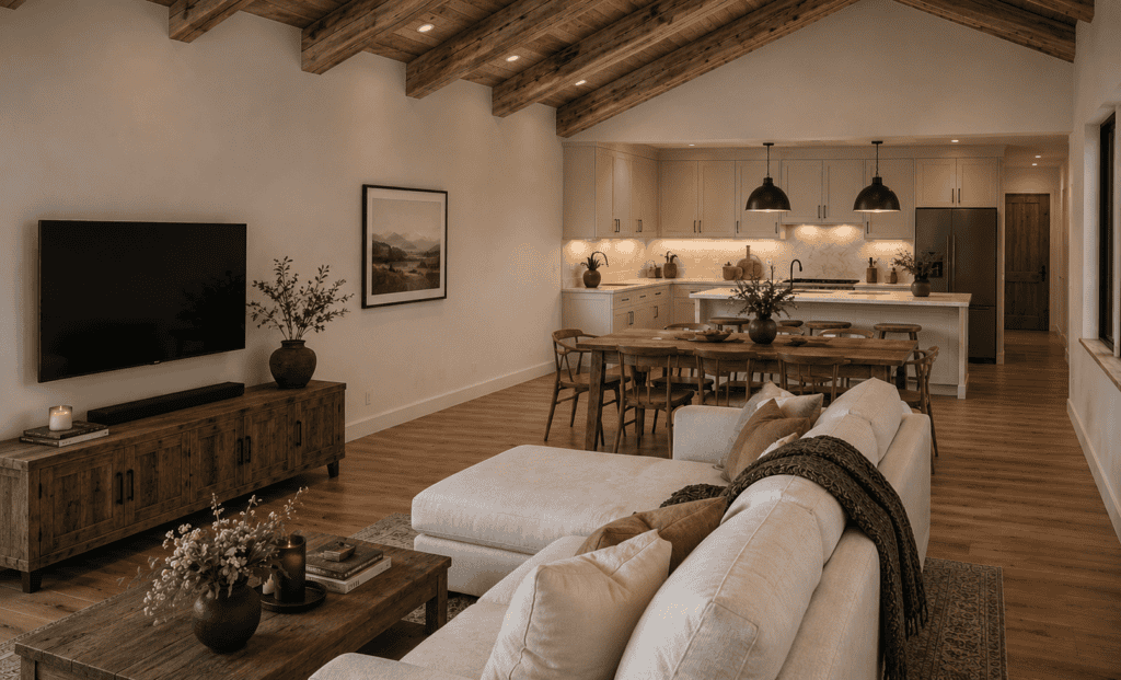 Spacious Zip Kit Home living area with open kitchen and cozy seating arrangement.