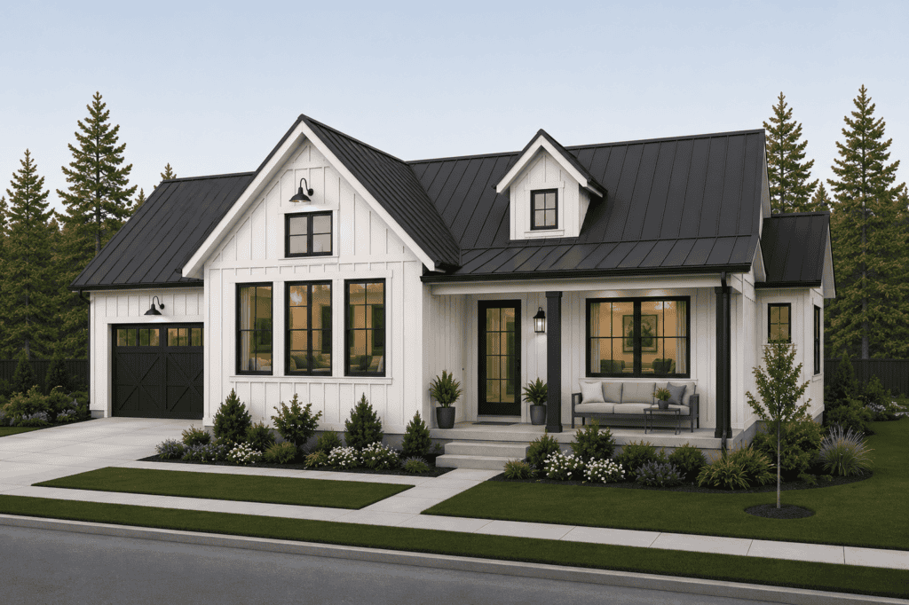 Beautiful modern white farmhouse tiny home with black roof and large windows, surrounded by greenery.
