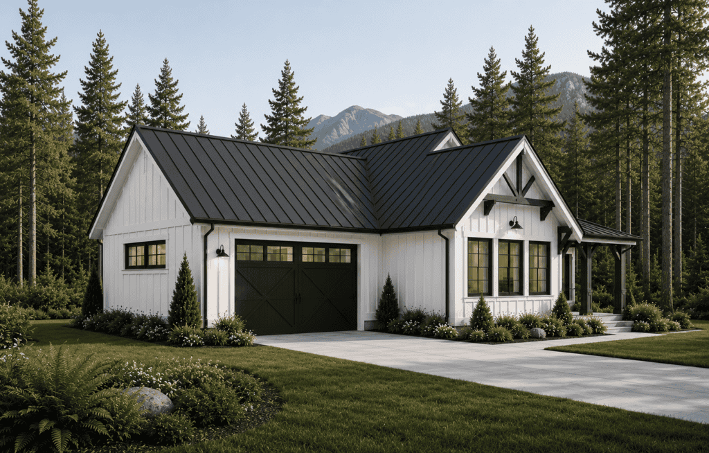 Modern white farmhouse with black metal roof, large windows, and surrounding greenery.
