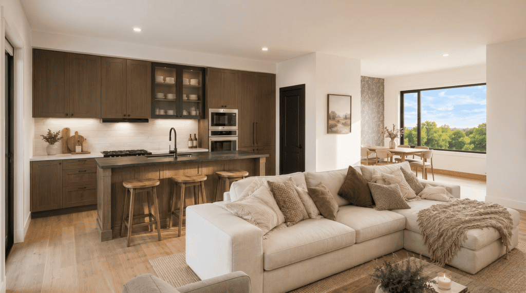 Open kitchen and great room in the Birch floor plan featuring modern rustic cabinetry, a large island with bar seating, warm wood tones, and a seamless connection to the dining and living areas.