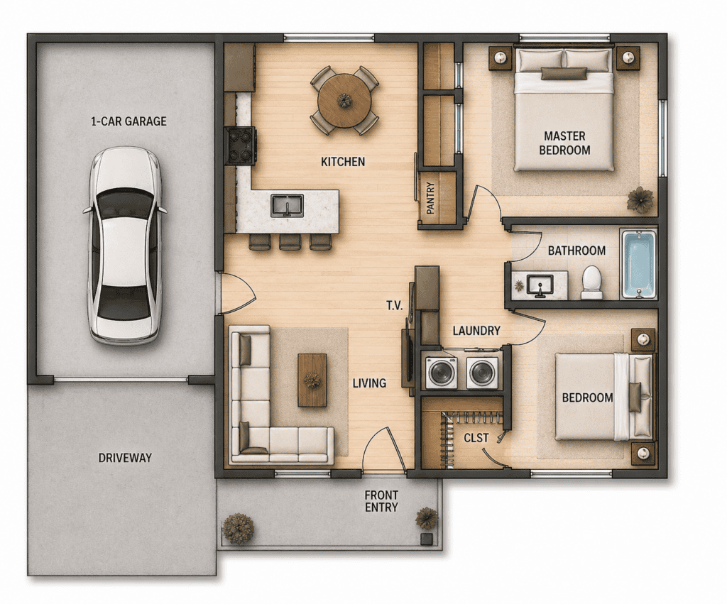 Modern Bridger tiny home floor plan with 2 bedrooms and open living space.