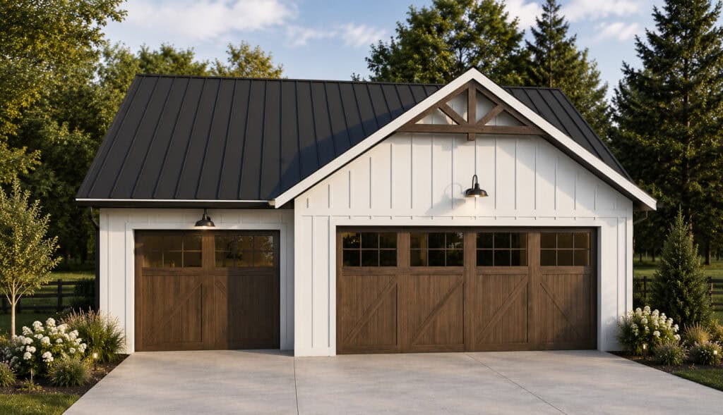 Spacious farmhouse-style detached 3-car garage with white vertical siding, black metal roof, rustic wood garage doors, decorative timber truss detailing, and elegant outdoor lighting.