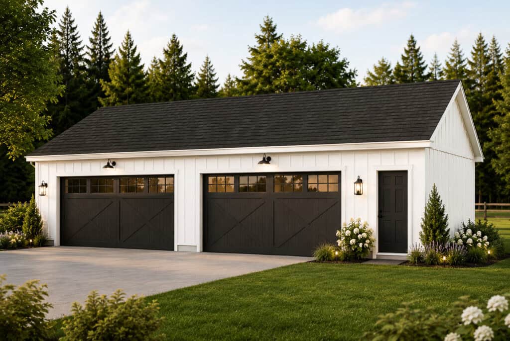 Detached farmhouse style 4 car garage.