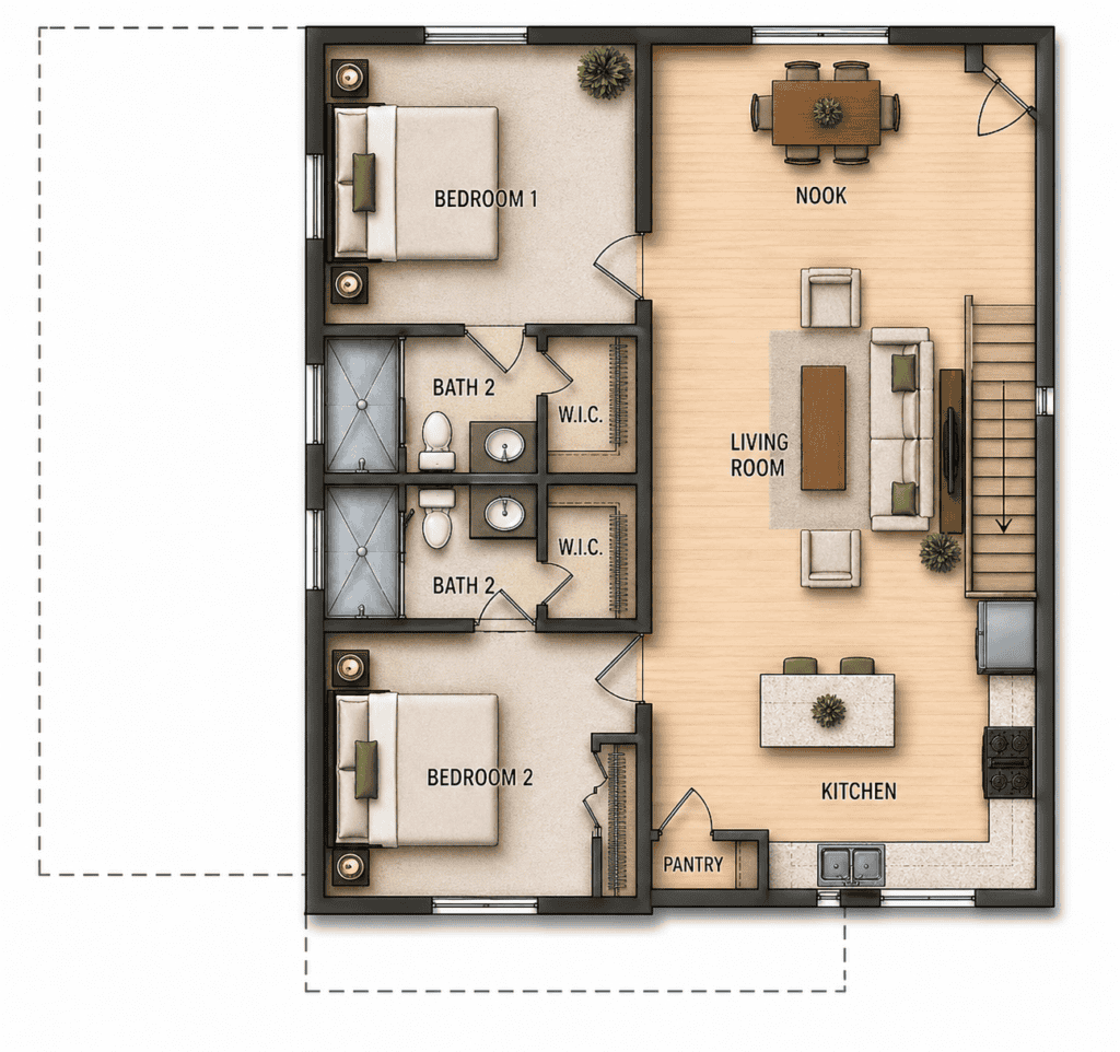 Modern tiny home floor plan with two bedrooms, two bathrooms, and open living spaces.