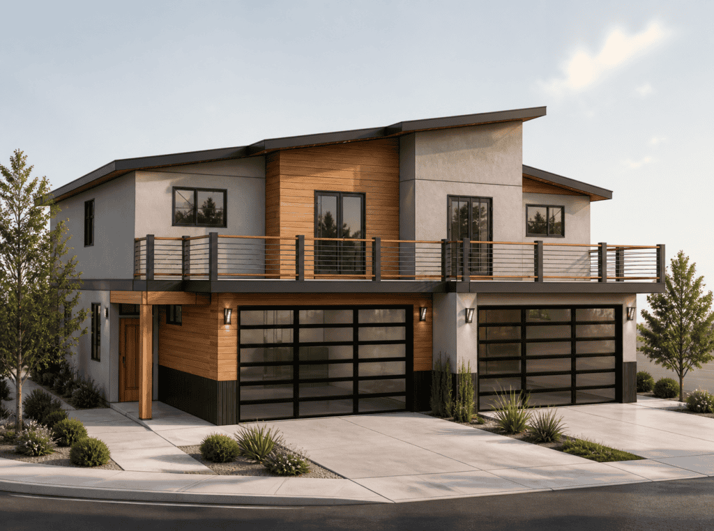 Modern two-story Zip Kit home with garage and balcony, contemporary design, and natural wood accents.
