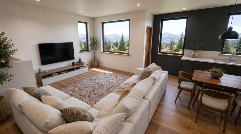 Bright upper-level kitchen and living space in the Koda modern home featuring dark cabinetry, an oversized sectional sofa, open-concept design, recessed lighting, and contemporary mountain-inspired finishes.
