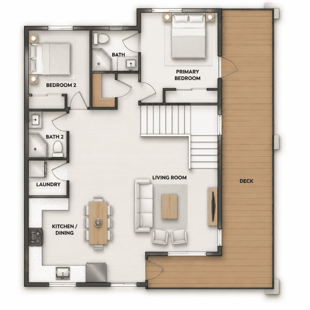 Modern tiny home floor plan with two bedrooms, two bathrooms, laundry, and outdoor deck.