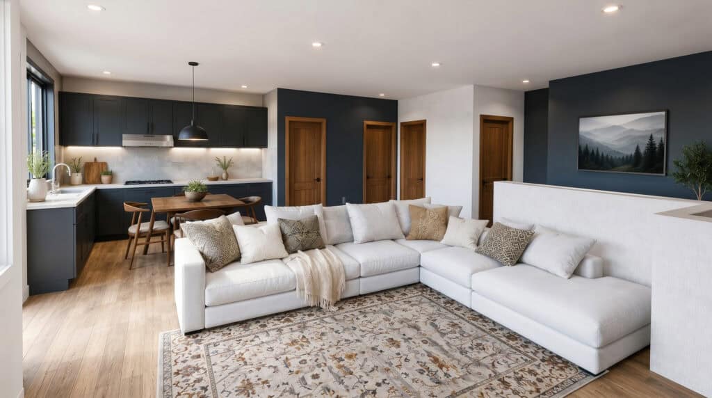 Mountain modern open-concept living room and dining area in the Koda floor plan featuring expansive mountain-view windows, warm wood flooring, contemporary furnishings, and a seamless connection between indoor living spaces.