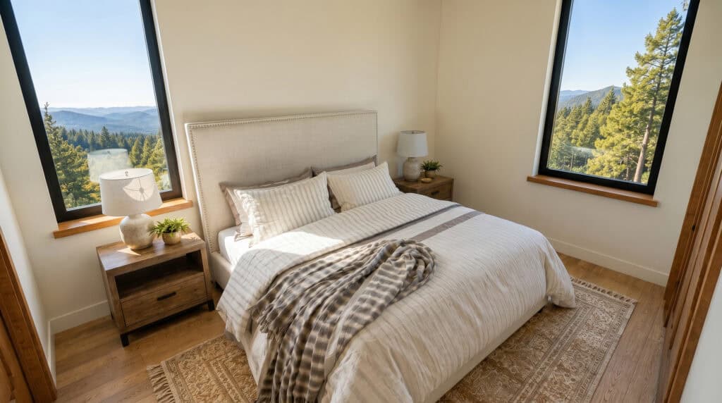 Cozy modern bedroom in the Koda floor plan featuring large picture windows with mountain views, warm wood accents, natural light, and minimalist contemporary design.