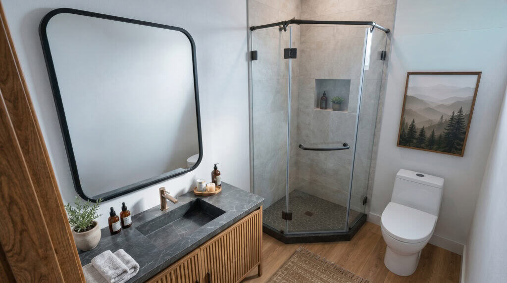 Contemporary bathroom in the Koda floor plan featuring a glass walk-in shower, dark stone vanity, wood cabinetry, modern fixtures, and clean minimalist finishes.