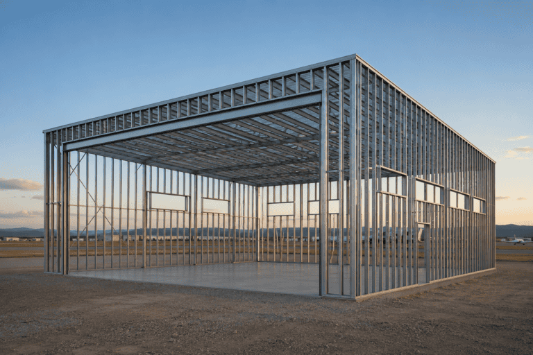 Steel framework of an aircraft hangar under construction, showcasing durable metal building design.