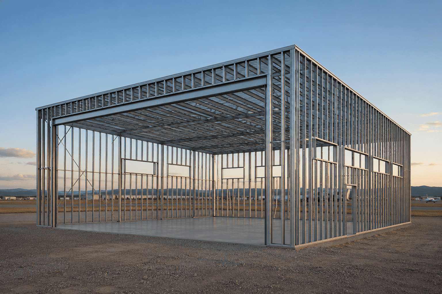 Steel framework of an aircraft hangar under construction, showcasing durable metal building design.