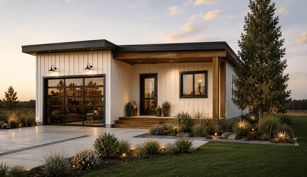 Modern Zip Kit Home with a sleek design, large garage, and landscaped yard at sunset.