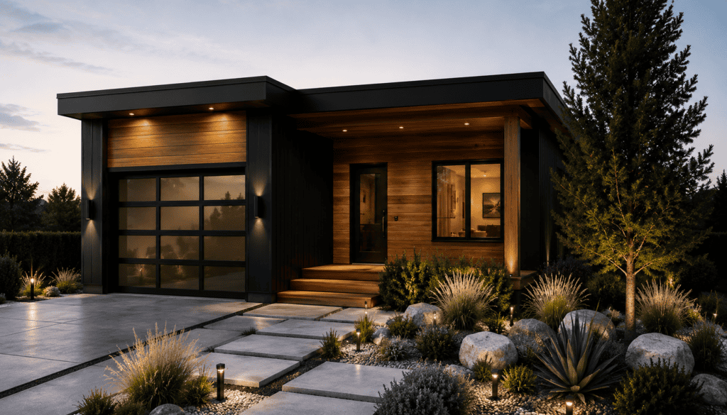 Modern black and wood tiny home with garage, outdoor lighting, and landscaped yard at sunset.