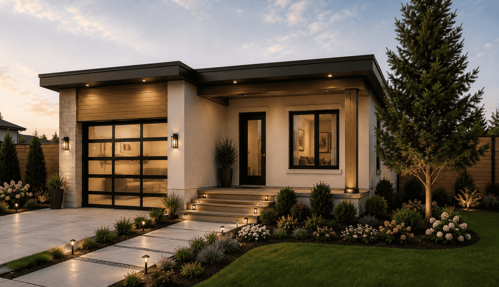 Modern tiny house with sleek design and large garage, perfect for compact living and efficient space.