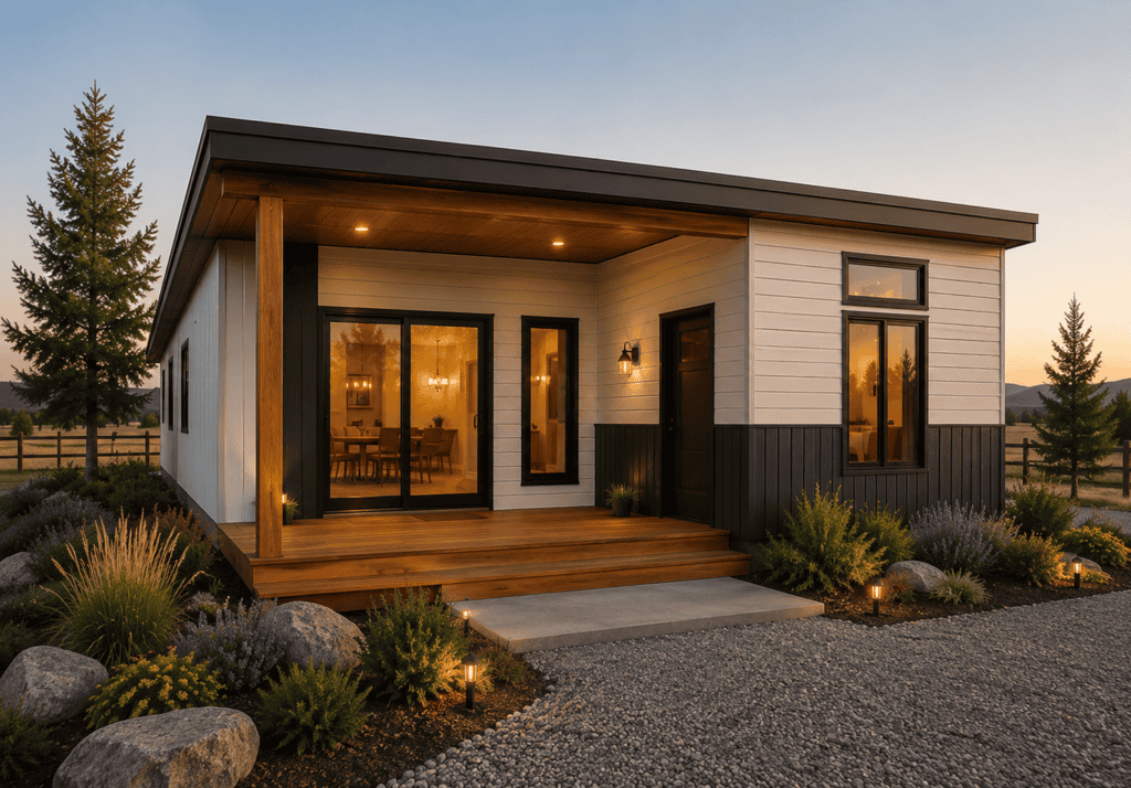 Modern Zip Kit Home with a spacious front porch, large windows, and contemporary design, perfect for.