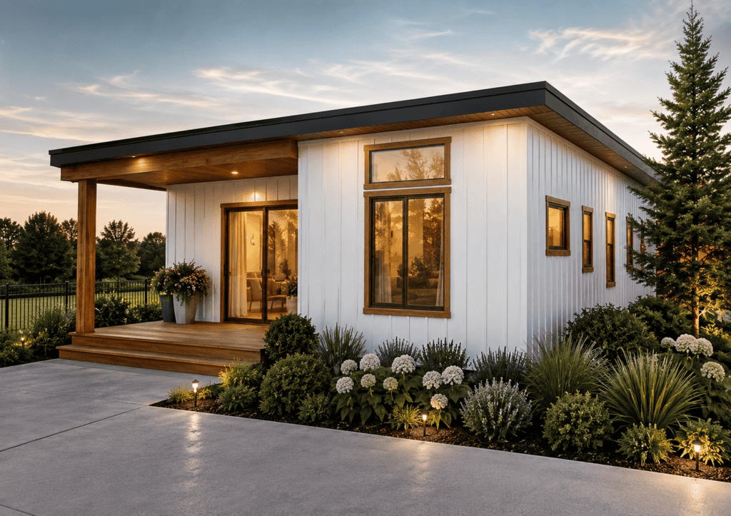 Modern Zip Kit Home with white exterior and large windows at sunset.