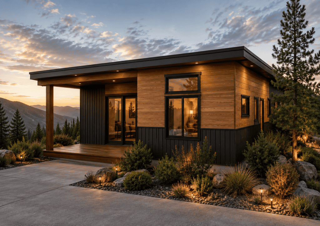 Modern wooden tiny home with large windows and outdoor lighting in a mountain setting.