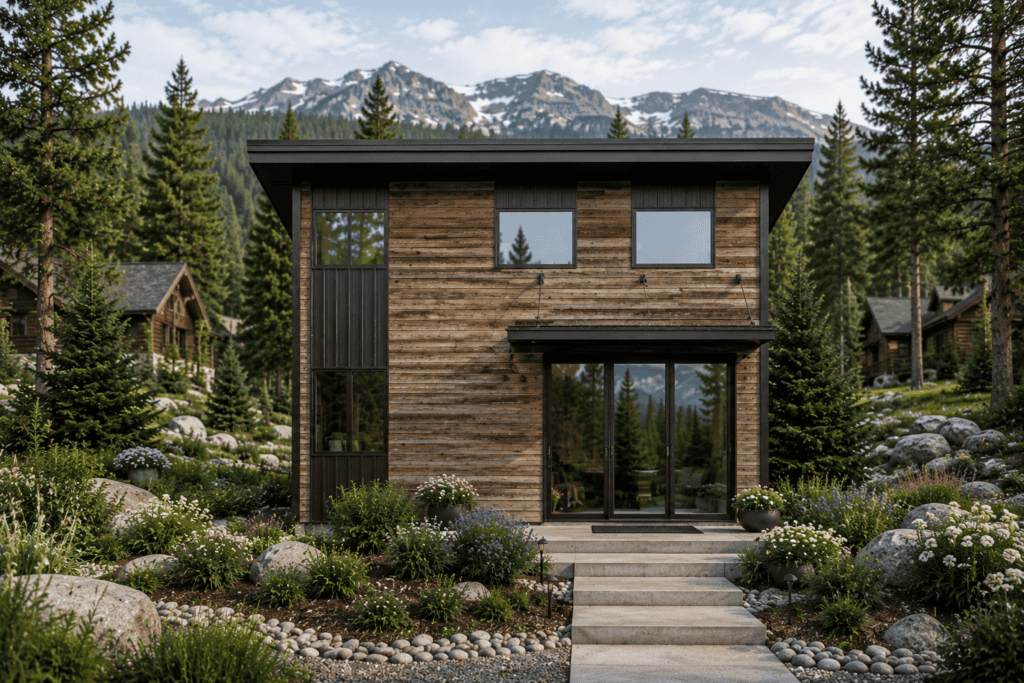 Tahoe tiny home with modern design and mountain backdrop, surrounded by nature.