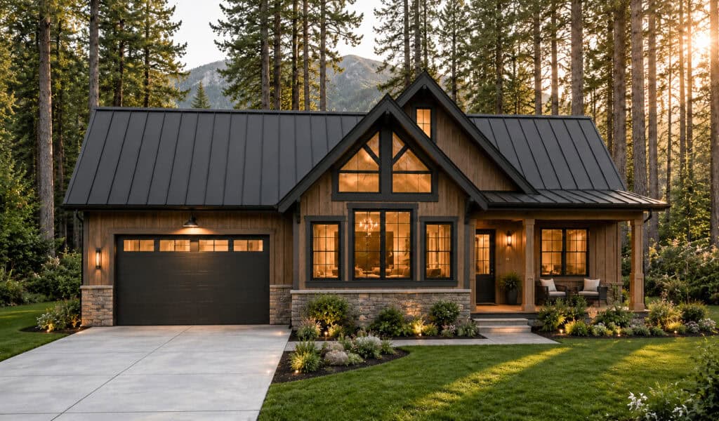 Contemporary Timberline house with large windows and mountain backdrop.