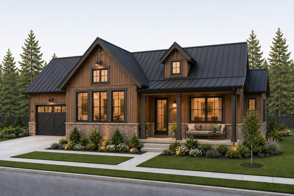 Contemporary timber frame house with large windows and landscaped yard.