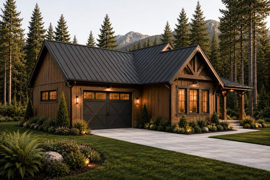 Stylish timber frame cabin with metal roof in forest setting.