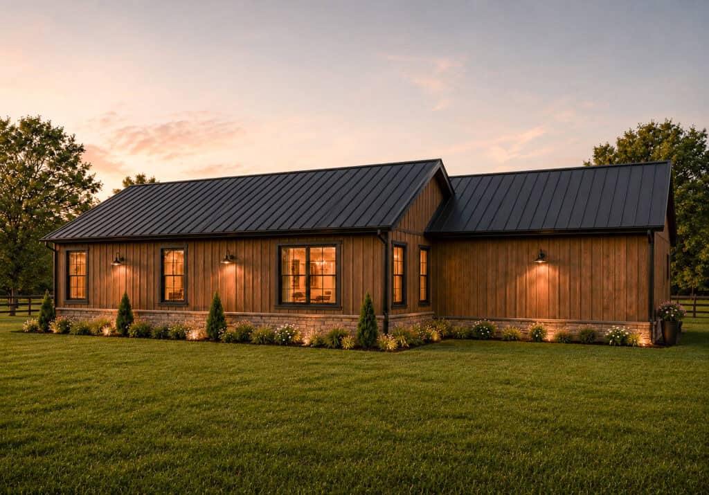 Modern wooden Zip Kit home with metal roof and outdoor lighting at sunset.