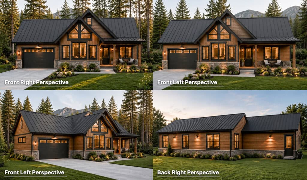Contemporary timber frame cabin with large windows and metal roof in forest setting.