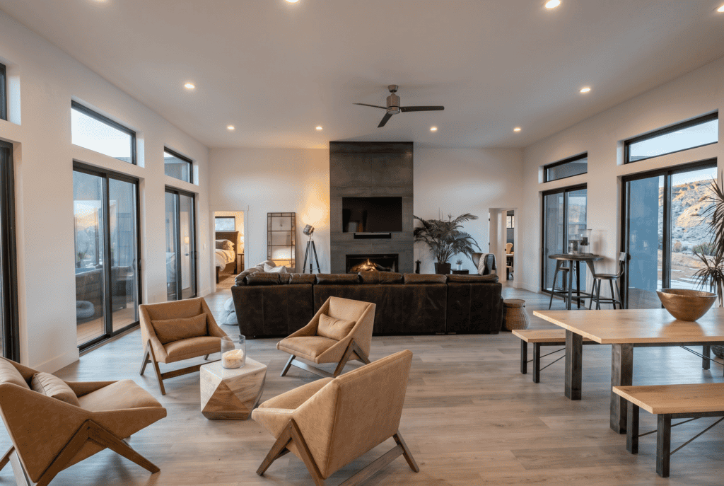 Modern living room with large windows, fireplace, and stylish furniture, showcasing contemporary hom.