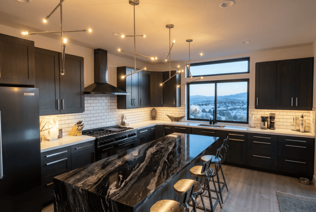 Modern kitchen with black cabinets, marble island, and large window showcasing scenic mountain view.