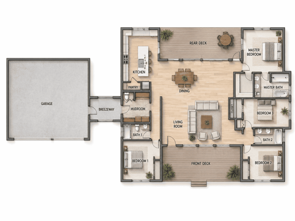 Alpine-style Zip Kit Home floor plan with spacious living areas and outdoor decks.