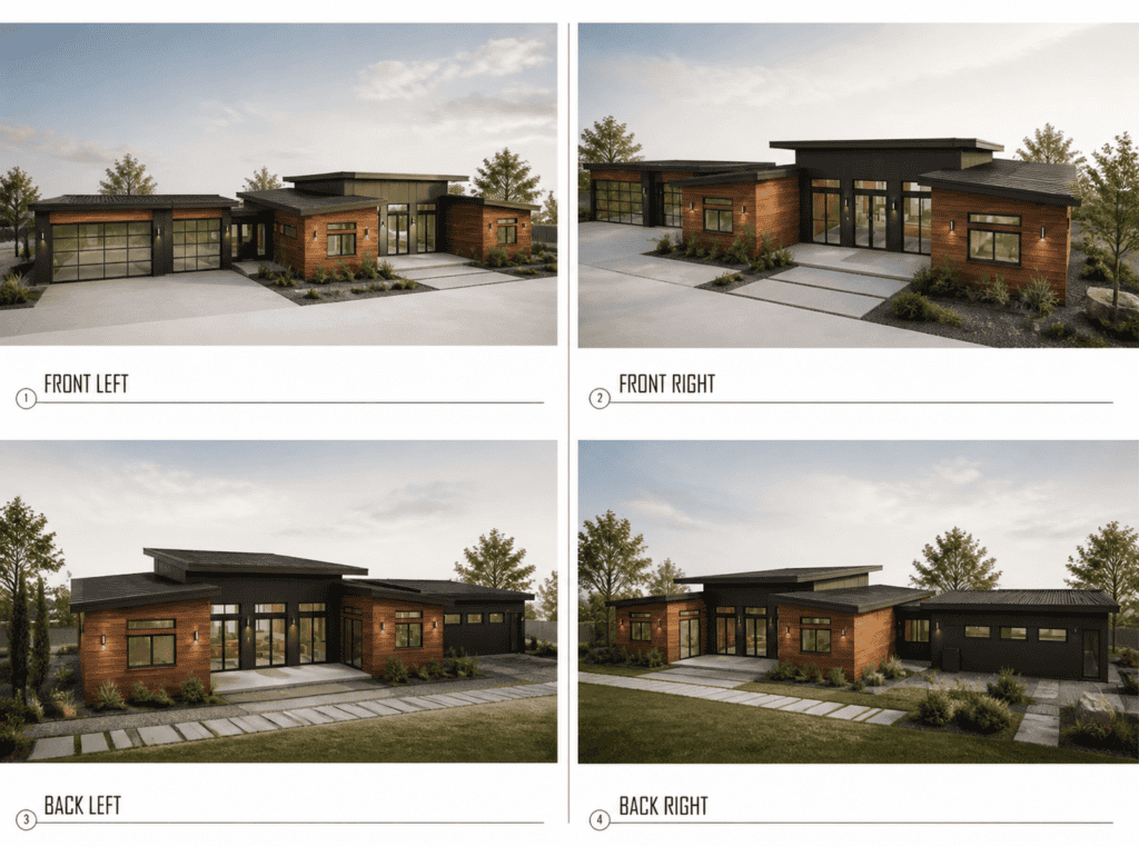 Modern Zip Kit Homes exterior views with sleek design and large windows.