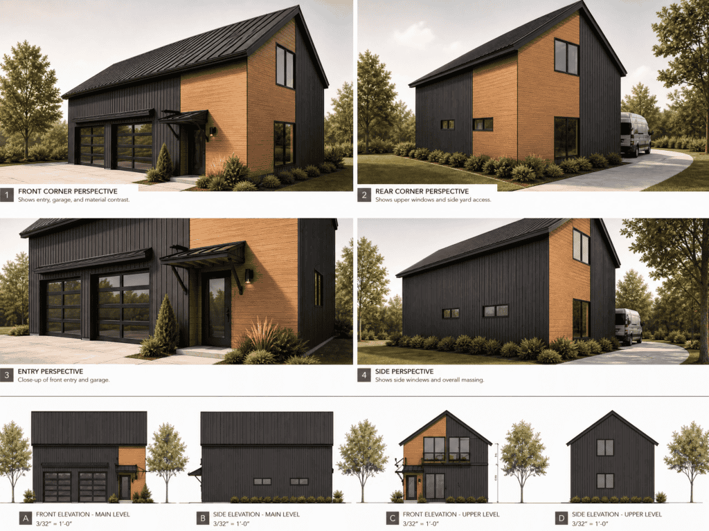 Contemporary black and wood Zip Kit home with garage and large windows.