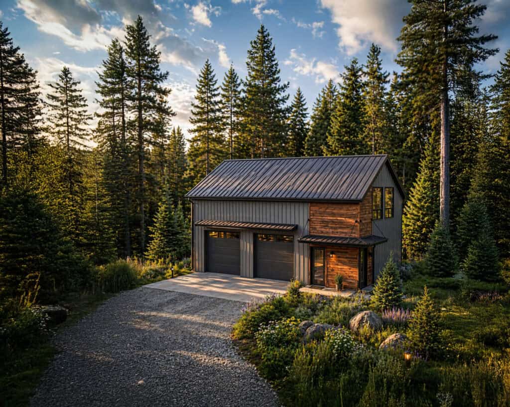Modern tiny house with garage in forest setting, eco-friendly design, and natural wood exterior.