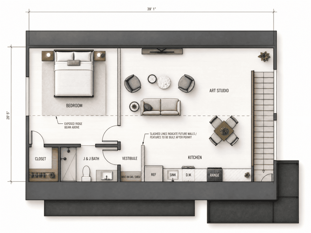 Modern Zip Kit Home floor plan with bedroom, kitchen, and art studio spaces.